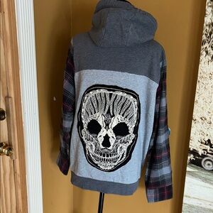 Upcycled Gray and Plaid Skull Hoodie